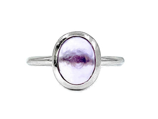 Anillo de amatista cabujón genuino de oro blanco de 10 quilates, tamaño 6,5