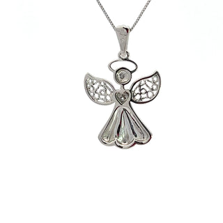 Colgante de ángel con diamantes de 0,015 quilates en oro blanco de 10 quilates, 18"
