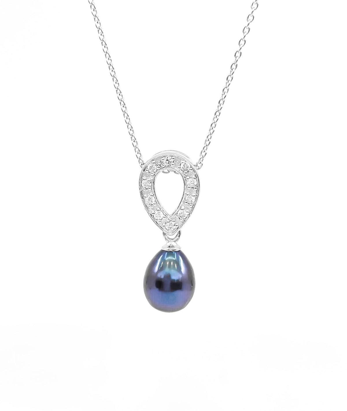 Silver Fresh Water Black Pearl &amp; Cubic Zirconia Necklace 18&quot;