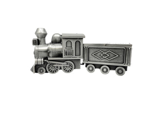 Hucha de peltre grabable con forma de tren con primer rizo y vagones de tren con primer diente