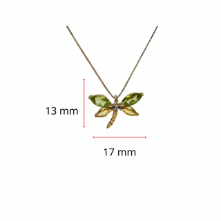 Colgante de libélula de oro amarillo de 10 quilates con peridoto auténtico, zafiro amarillo auténtico y diamante de 0,01 quilates, 45,72 cm