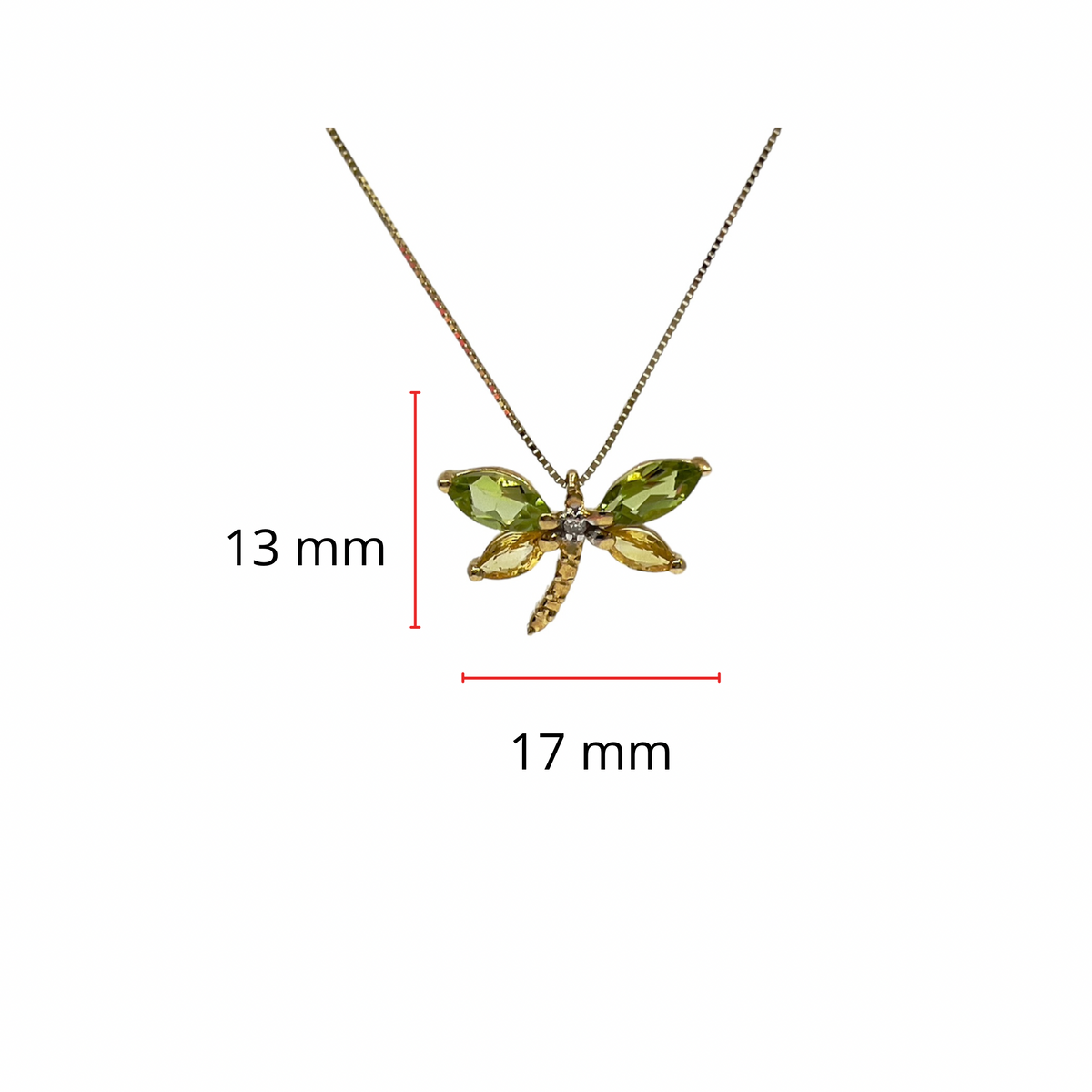 Colgante de libélula de oro amarillo de 10 quilates con peridoto auténtico, zafiro amarillo auténtico y diamante de 0,01 quilates, 45,72 cm