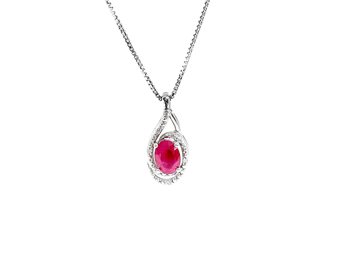 Silver Ruby Oval  0.75cttw &amp; Diamond 0.03cttw Necklace 18&quot;