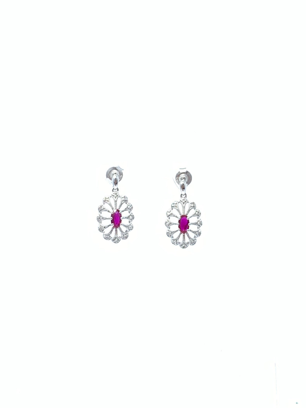 10K White Gold 0.65cttw Genuine Ruby and 0.10cttw Diamond Earrings