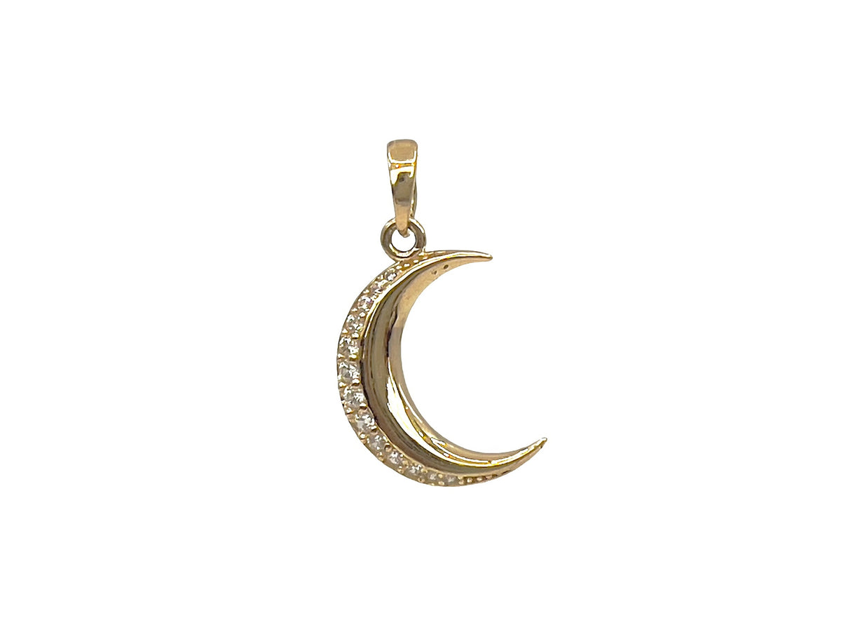 Dije de circonita cúbica y luna creciente en oro amarillo de 10 quilates, 22 mm x 11 mm