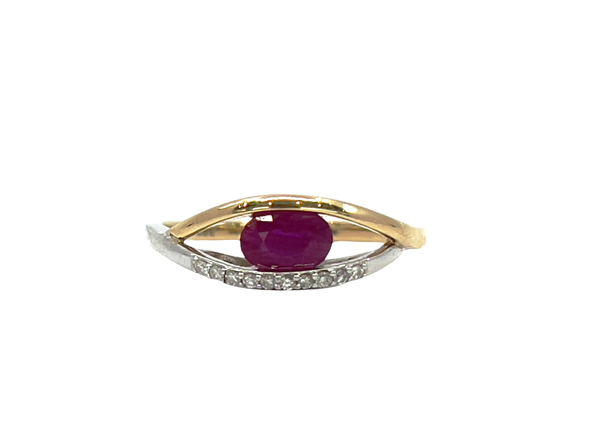 10K Two Tone Yellow and White Gold 6mm x 4mm Ruby and 0.05cttw Diamond Ring