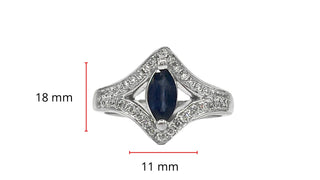 Anillo de oro blanco de 14 quilates con zafiro auténtico de talla marquesa de 0,52 quilates y diamante de 0,30 quilates, tamaño 6,5