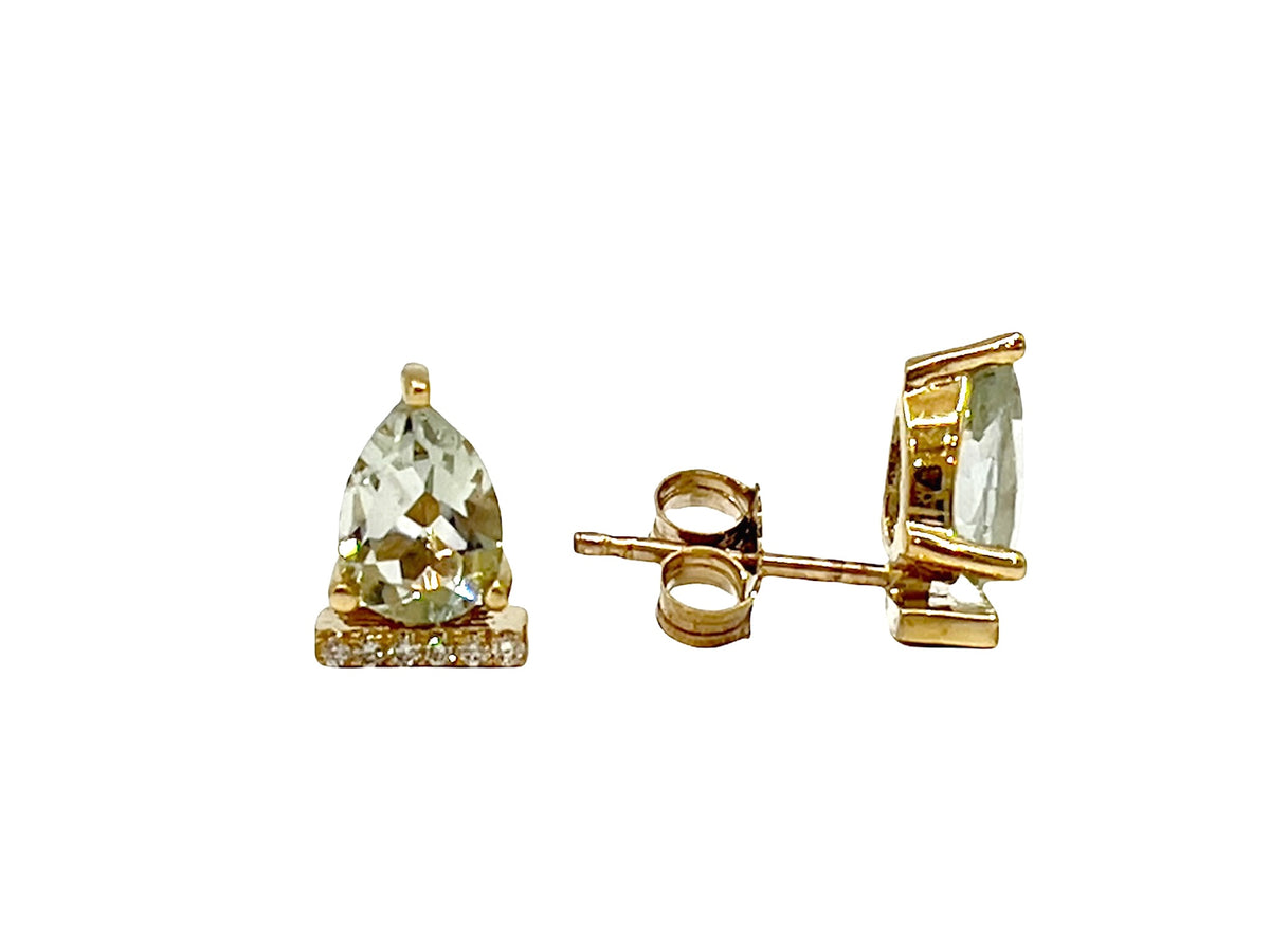 10K Yellow Gold 1.26cttw Green Amethyst (Prasiolite) and 0.048cttw Diamond Stud Earrings