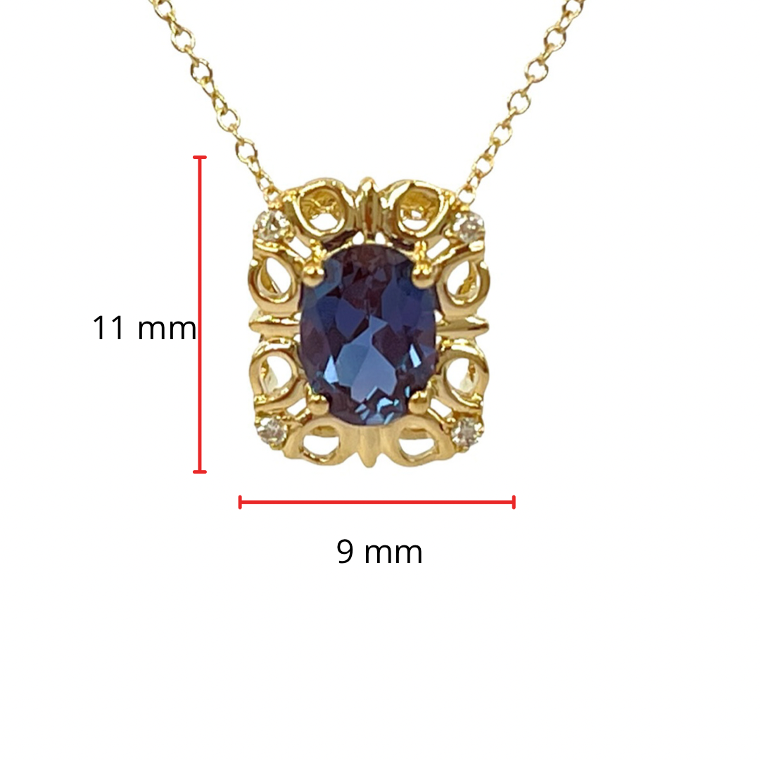 Collar de oro amarillo de 10 quilates con alejandrita creada de talla ovalada de 7 x 5 mm y diamantes de 0,03 quilates - 18 pulgadas