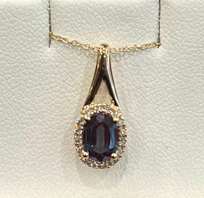 10K Yellow Gold 7x5mm Oval Cut Created Alexandrite and 0.08cttw Diamond Halo Necklace - 18 Inches