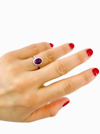 Anillo de amatista cabujón genuino de oro blanco de 10 quilates, tamaño 6,5