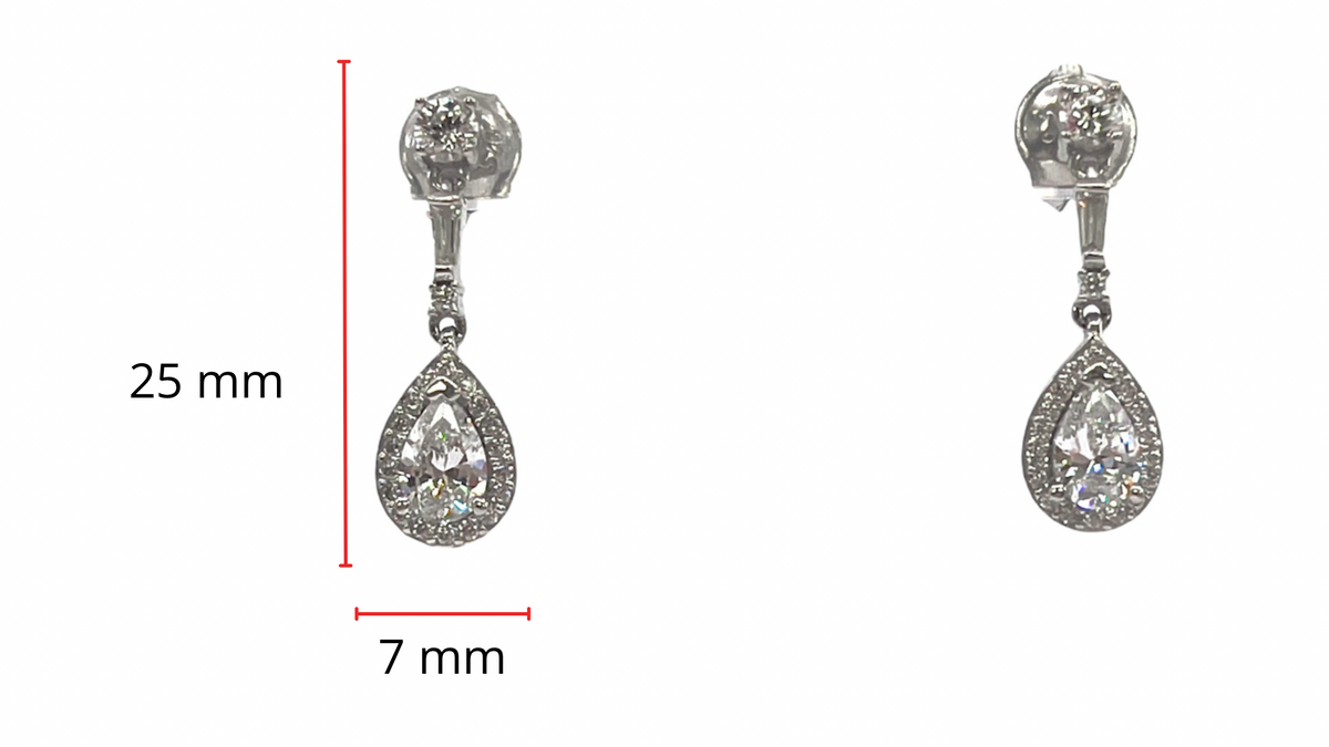 925 Sterling Silver 4mm x 6.5mm Pear Shaped Cubic Zirconia Drop Studs - 20mm x 6.5mm