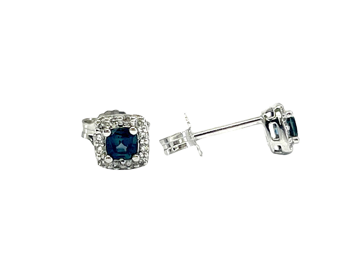 10K White Gold 0.40cttw Genuine Sapphire &amp; 0.12cttw Diamond Halo Stud Earrings