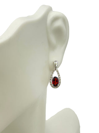 10K White Gold 1.00cttw Oval Cut Garnet and 0.14cttw Diamond Earrings
