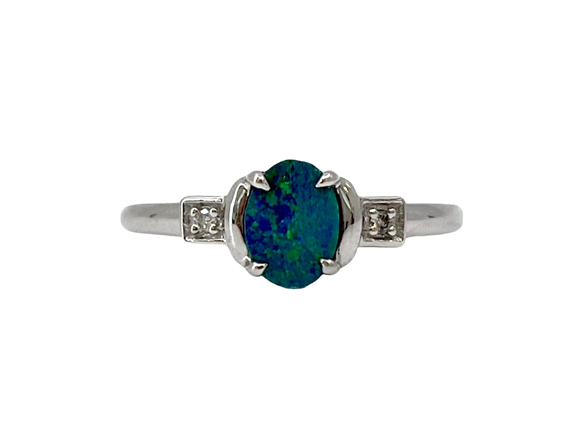 10K White Gold 0.75cttw Genuine Australian Doublet Opal and 0.02cttw Diamond Ring, size 7