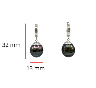 Aretes colgantes de perlas de Tahití de oro blanco de 14 quilates con cierre de aro