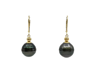 Aretes de perlas de Tahití de 12 mm en oro amarillo de 14 quilates con cierres de palanca