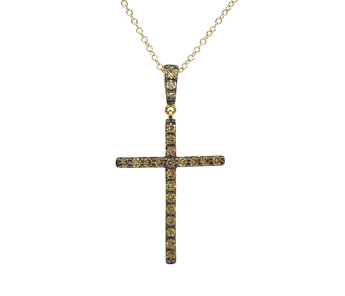 10K Yellow Gold 0.21cttw Chocolate &amp; White Diamond Cross Pendant, 18&quot;