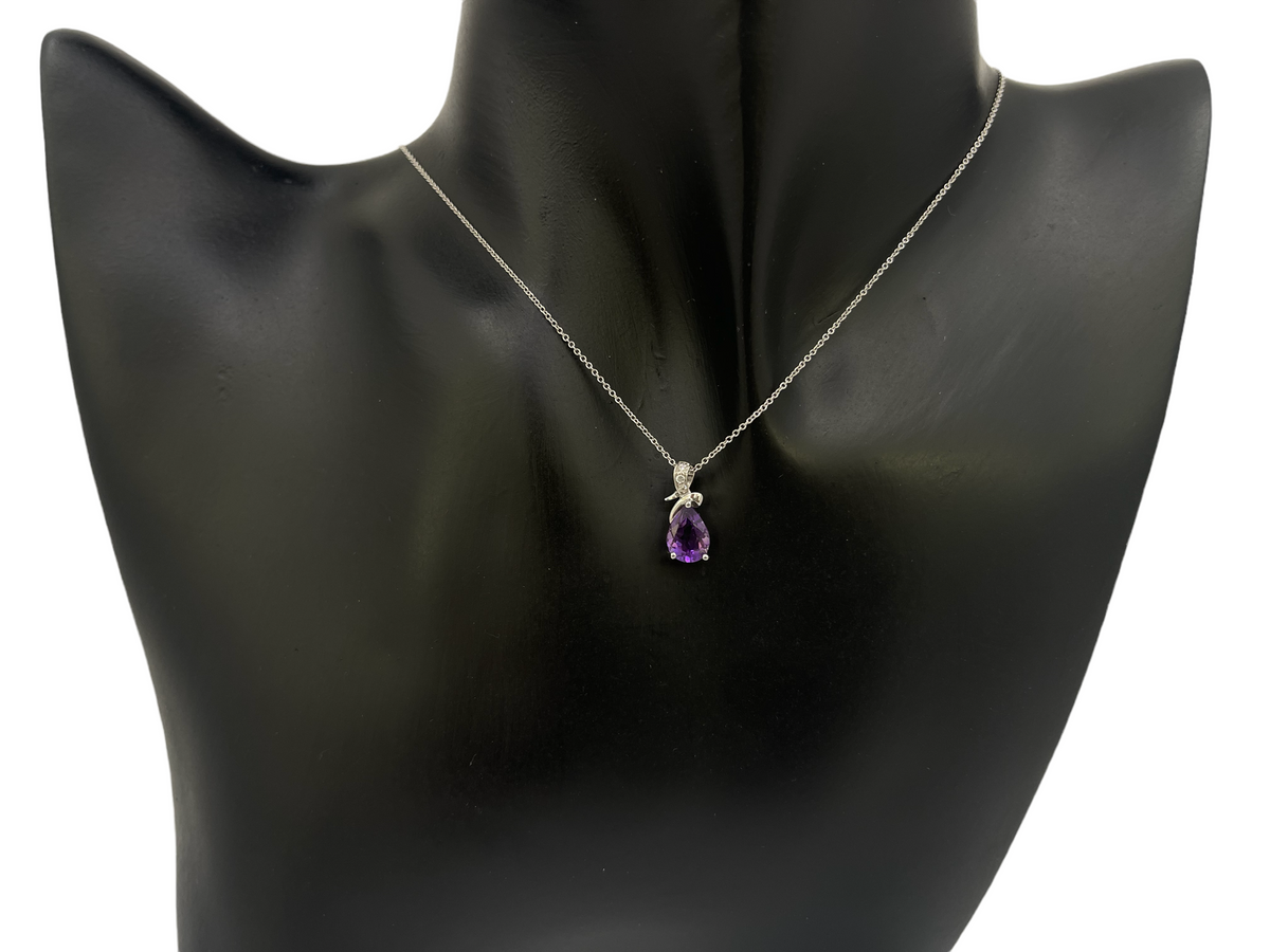 10K White Gold Amethyst and Diamond Necklace, 18&quot;