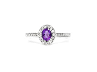 Anillo de oro blanco de 10 quilates con amatista genuina de 0,30 quilates y halo de diamantes de 0,13 quilates, tamaño 6,5