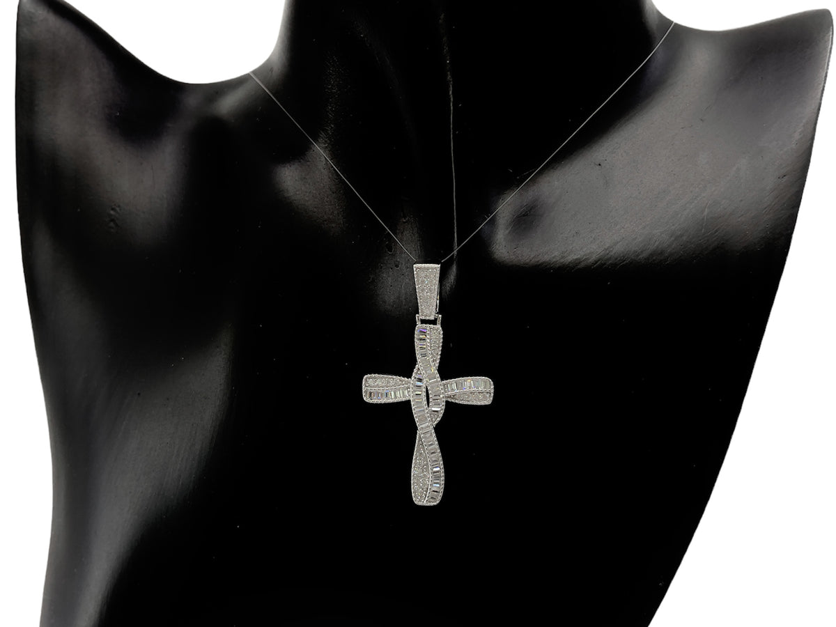 925 Sterling Silver Rhodium Plated Hip Hop Baguettes Cubic Zirconia Cross Pendant - 46mm x 25mm