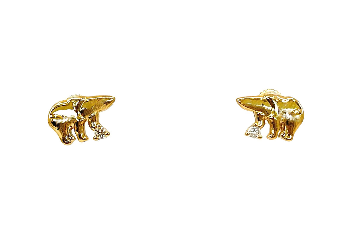 14K Yellow Gold 0.06cttw Diamond Ice Bear Earrings with Butterfly Backs - 11mm x 7mm