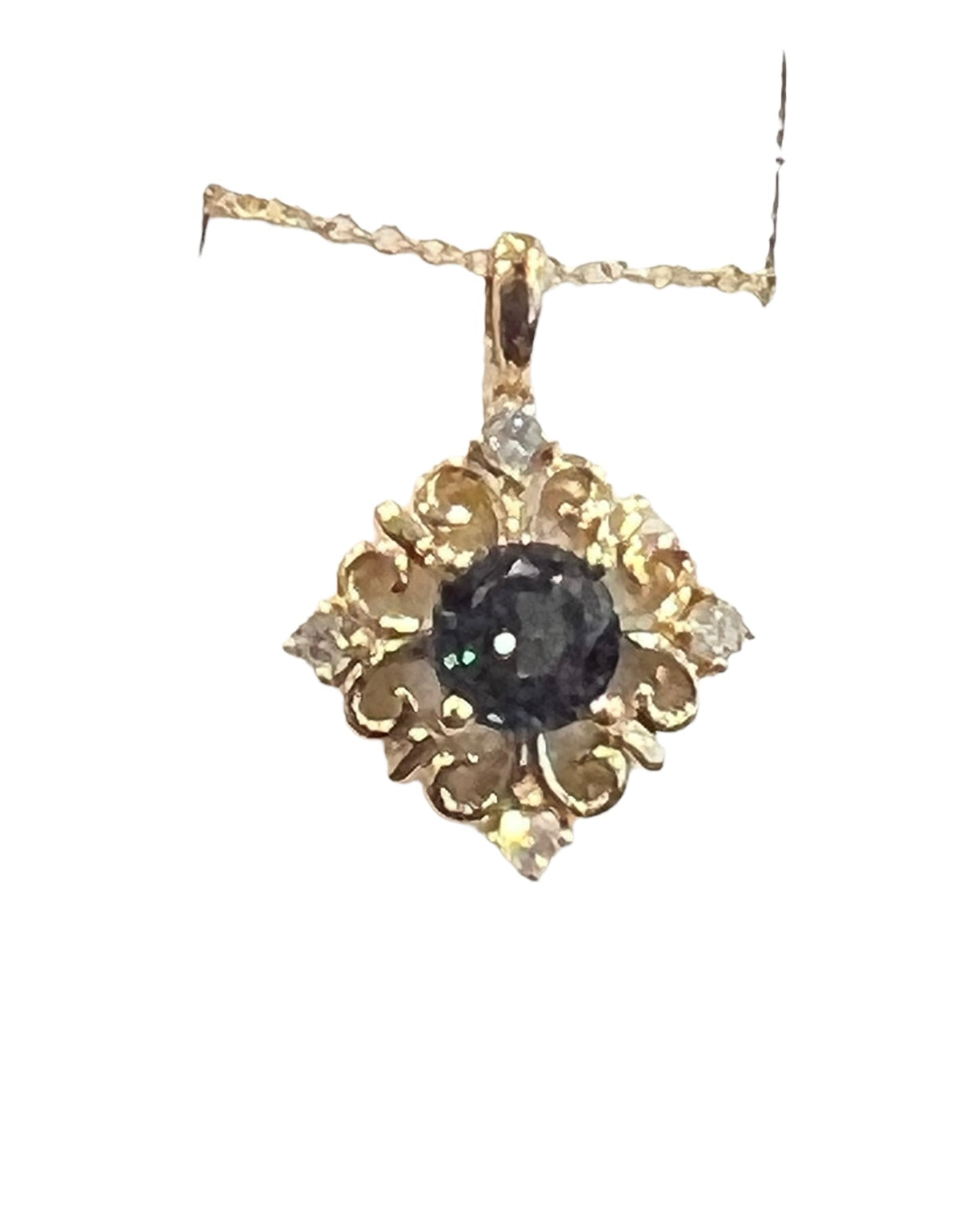 10K Yellow Gold 5mm Round Cut Created Alexandrite and 0.09cttw Diamond Necklace - 18 Inches