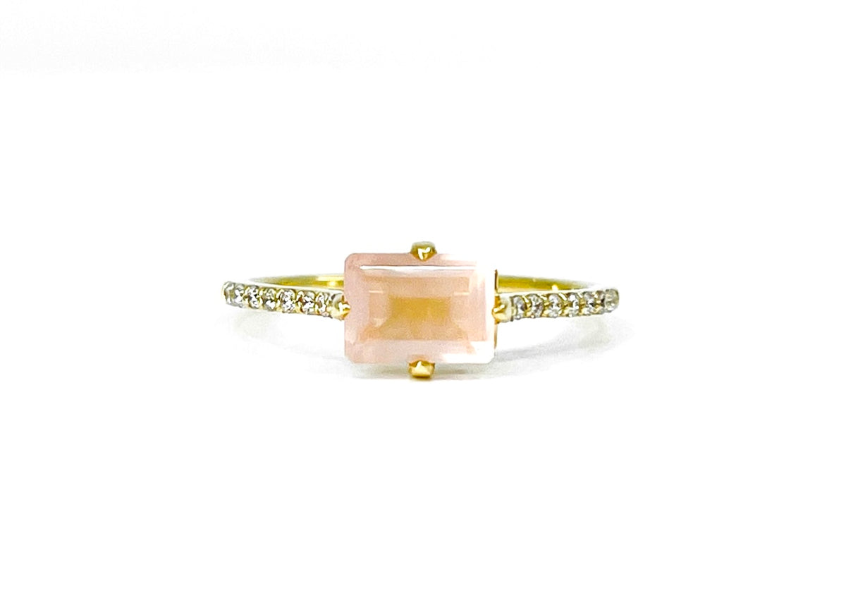 Anillo de oro amarillo de 10 quilates, cuarzo rosa auténtico de 7 x 5 mm y diamante de 0,11 quilates, tamaño 6,5