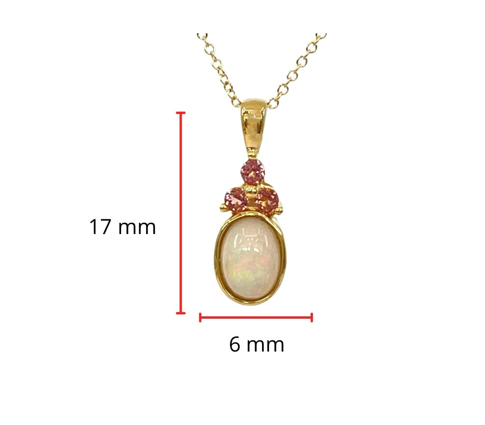10K Yellow Gold 7x5mm Oval Cut Opal and Round Cut Pink Tourmaline Pendant - 18 Inches