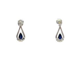 10K White Gold 0.70cttw Genuine Sapphire and 0.08cttw Diamond Dangle Earrings