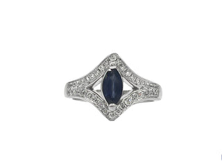 Anillo de oro blanco de 14 quilates con zafiro auténtico de talla marquesa de 0,52 quilates y diamante de 0,30 quilates, tamaño 6,5