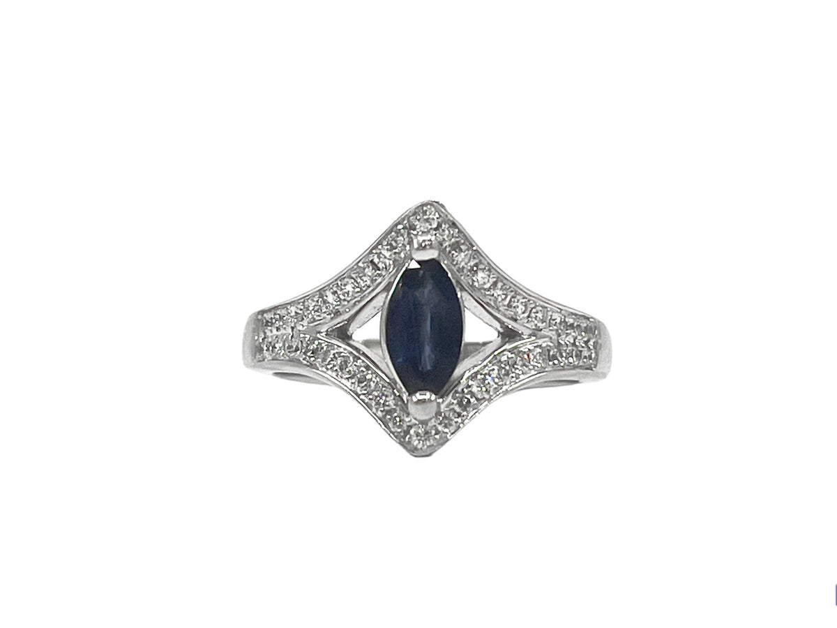 14K White Gold 0.52cttw Genuine Marquise Cut Sapphire and 0.30cttw Diamond Ring, size 6.5