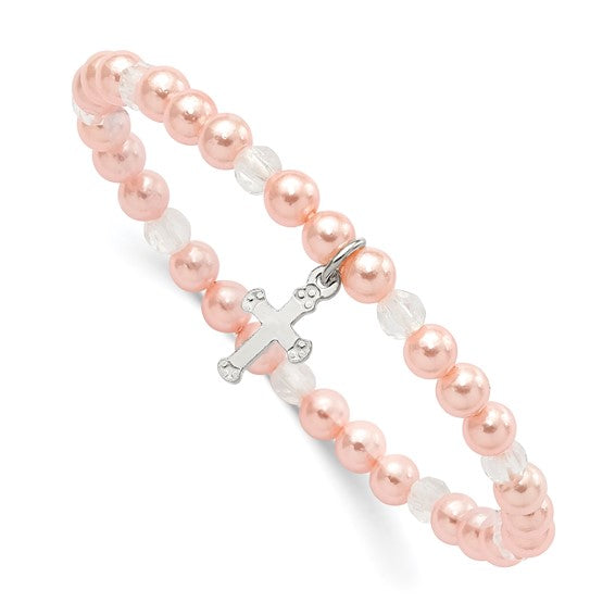 Sterling Silver Polished Cross 4mm Pink Imitation Shell Pearl and Faceted Clear Crystal Bead Stretch Bracelet