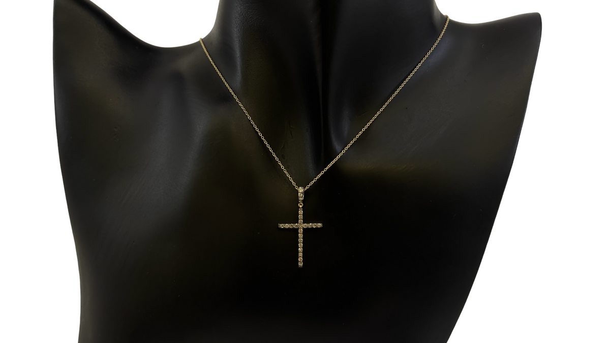 10K Yellow Gold 0.21cttw Chocolate &amp; White Diamond Cross Pendant, 18&quot;