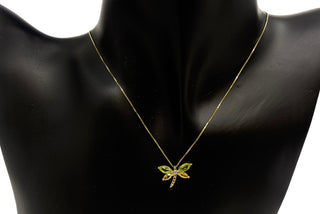 Colgante de libélula de oro amarillo de 10 quilates con peridoto auténtico, zafiro amarillo auténtico y diamante de 0,01 quilates, 45,72 cm