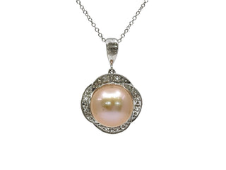 10K White Gold Pink Fresh Water Pearl and White Topaz Pendant, 18"