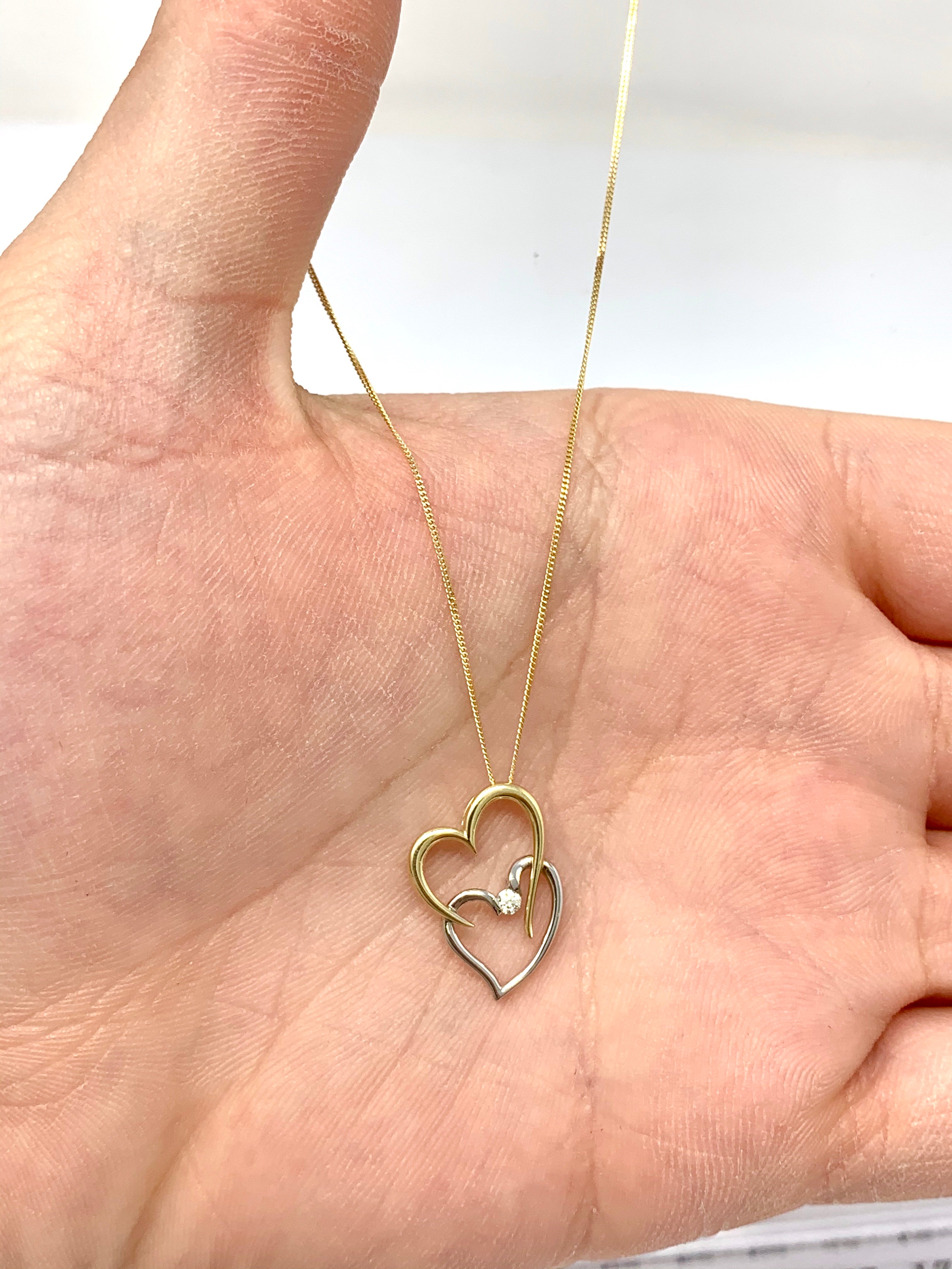 10K White & Yellow Gold 0.041cttw Diamond Double Heart Pendant, 18"