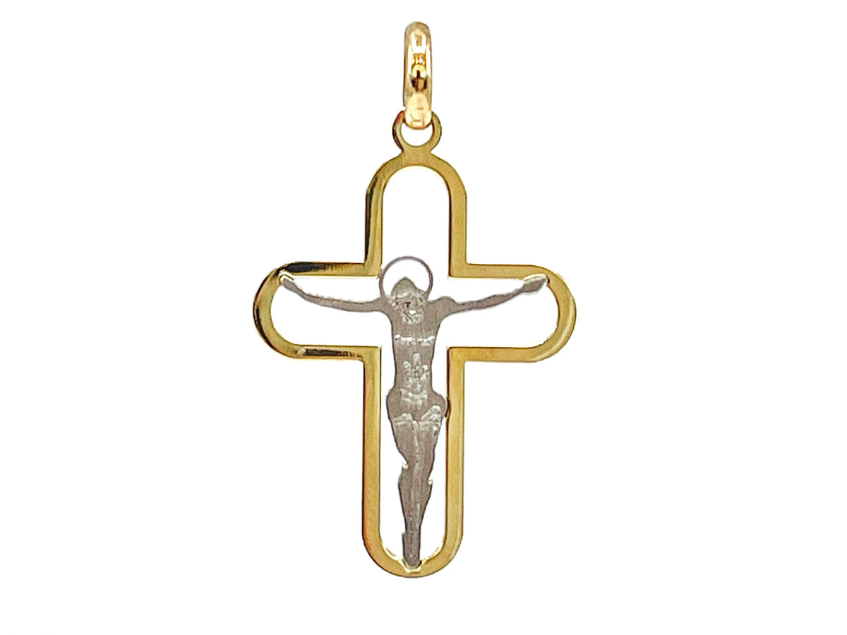 10K Yellow &amp; White Gold Cross / Crucifix Brushed