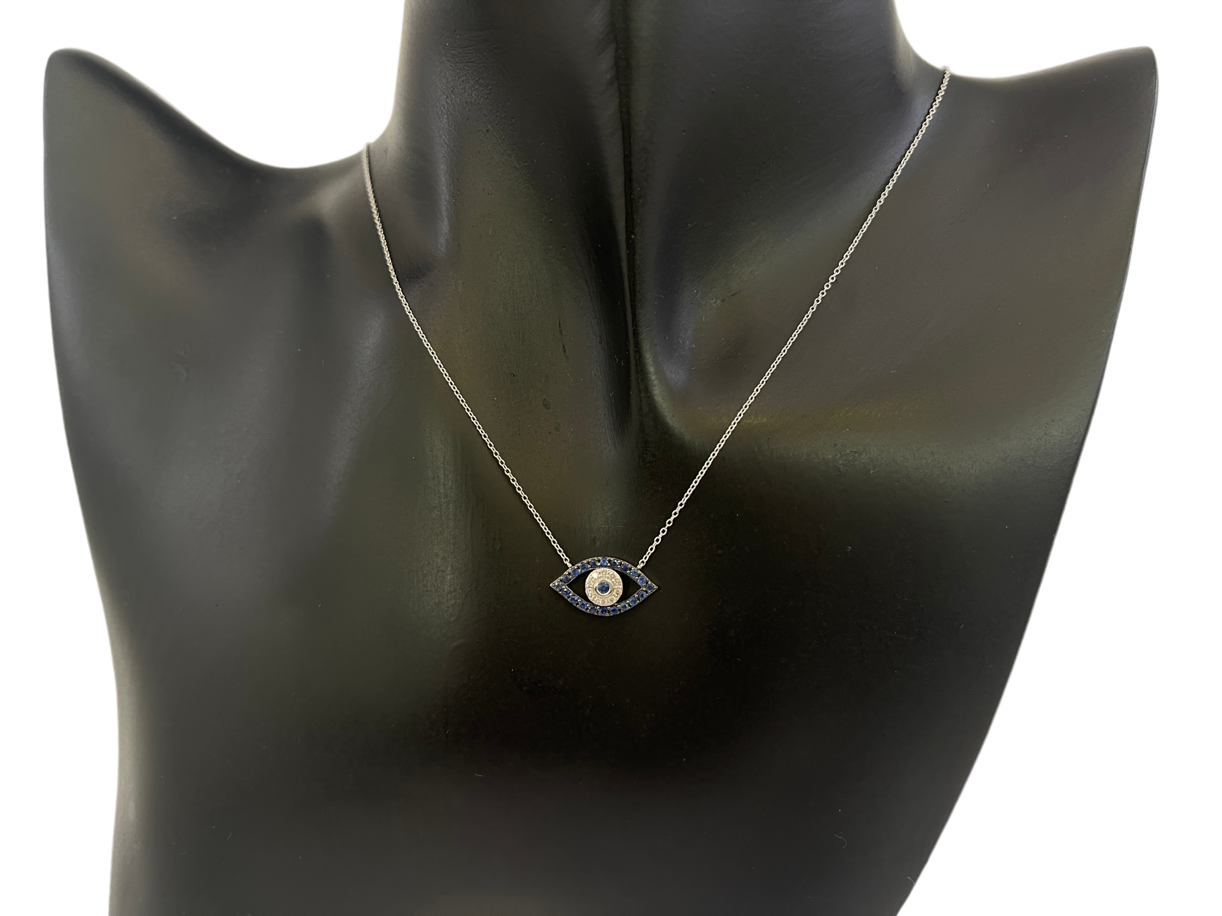 10K White Gold Sapphire & Diamond Evil Eye Pendant, 18"