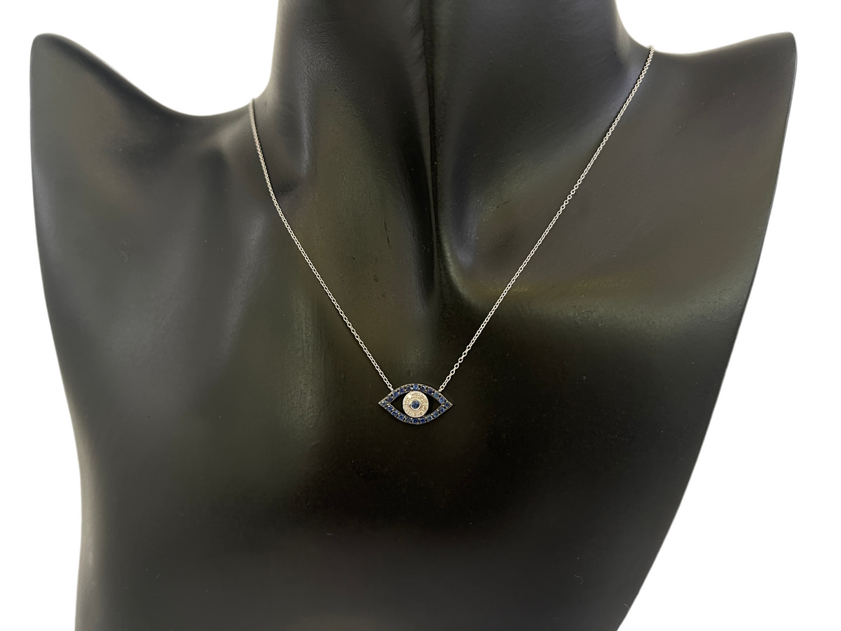 10K White Gold Sapphire &amp; Diamond Evil Eye Pendant, 18&quot;