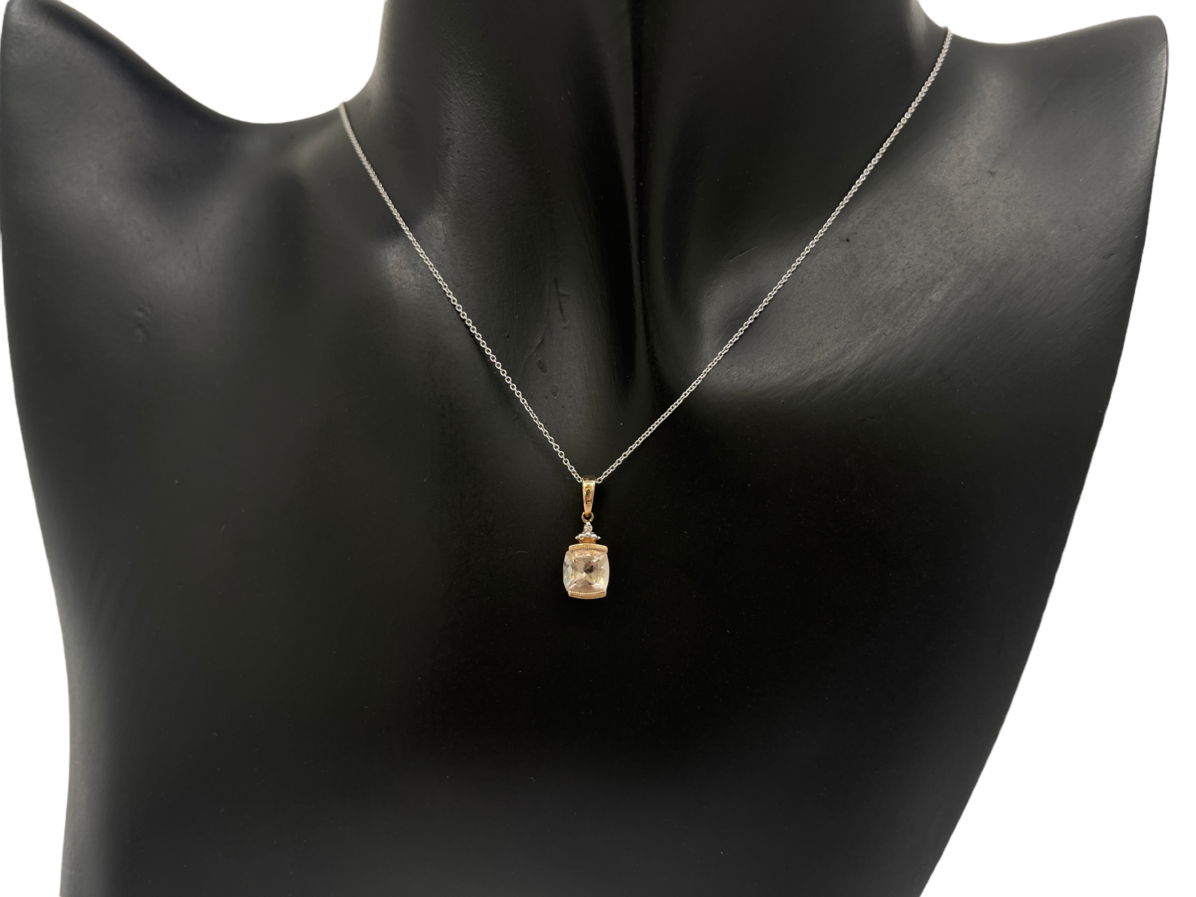 10K Rose Gold 6mm Cushion Cut Morganite and 0.01cttw Diamond Pendant, 18"