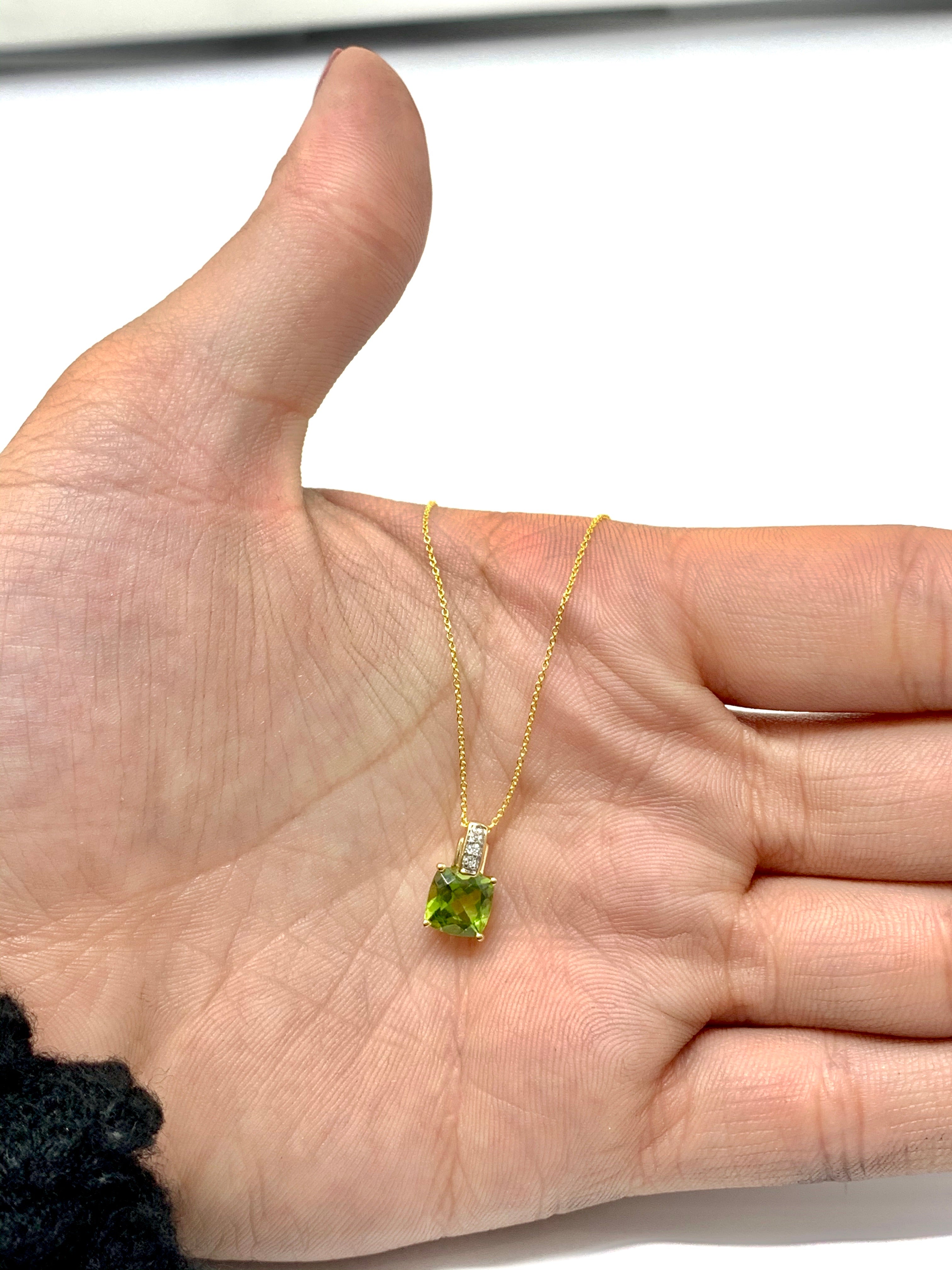 10K Yellow Gold 7mm Cushion Cut Peridot and 0.026cttw Diamond Pendant, 18"