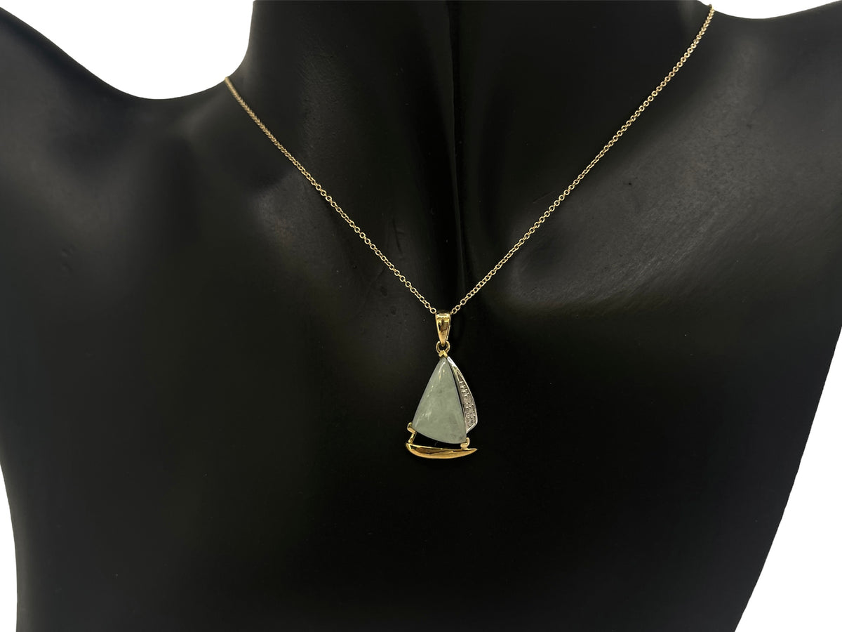 10K Yellow Gold Sailboat Shape Jade Pendant with Diamonds - 18&quot;