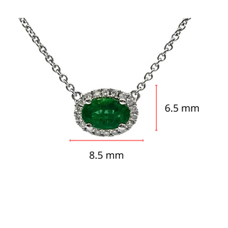 18K White Gold  Oval Cut Emerald and Diamond Halo Necklace, 16-18"