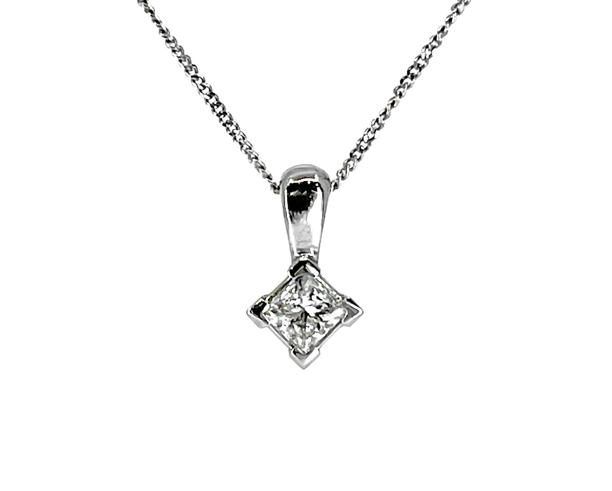 18K White Gold 0.15cttw Princess Cut Canadian Diamond Pendant, 18&quot;