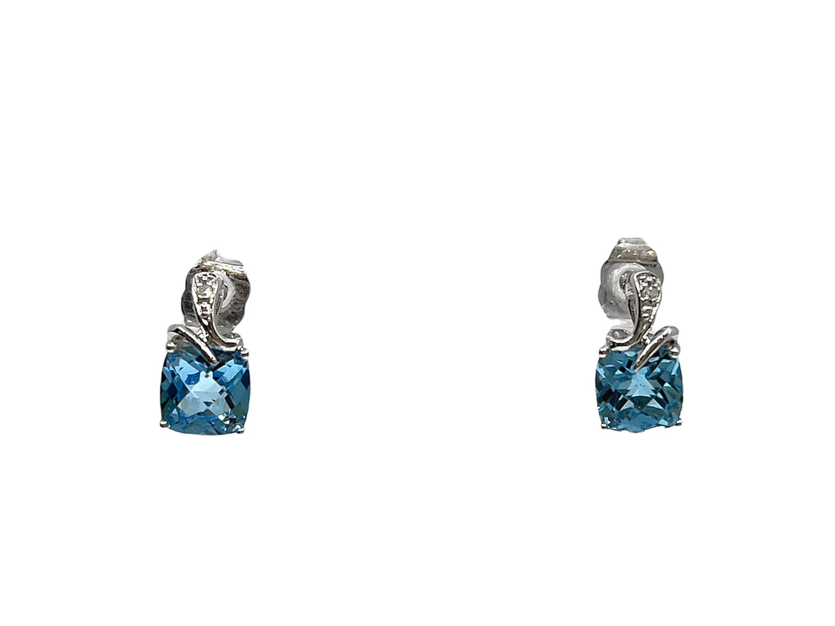 Pendientes colgantes de oro blanco de 10 quilates con topacio azul suizo y diamantes de 0,01 quilates