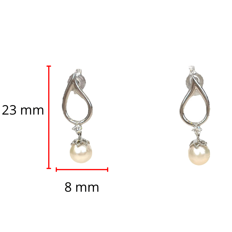 Pendientes colgantes de oro blanco de 10 quilates con perlas cultivadas de 6,5 mm y diamantes canadienses de 0,08 quilates