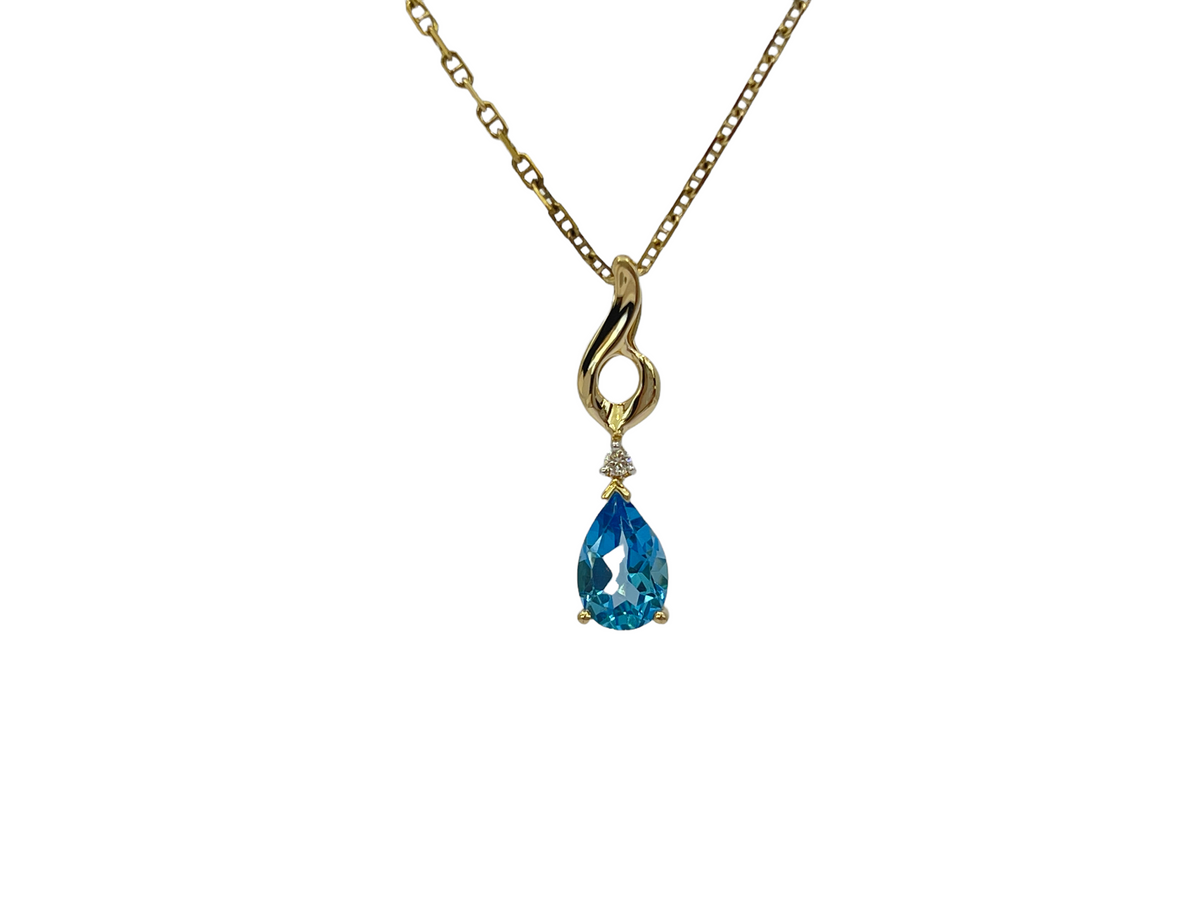 10/14K Yellow Gold 1.60cttw Blue Topaz and 0.03cttw Diamond Pendant, 18&quot;