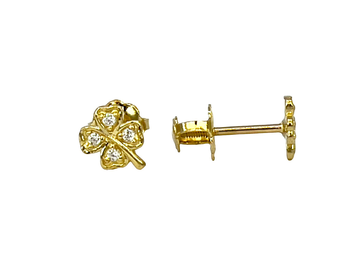 10K Yellow Gold Cubic Zirconia Four Leaf Clover Stud Earrings with Screw Backs - 5.6 x 4.6mm