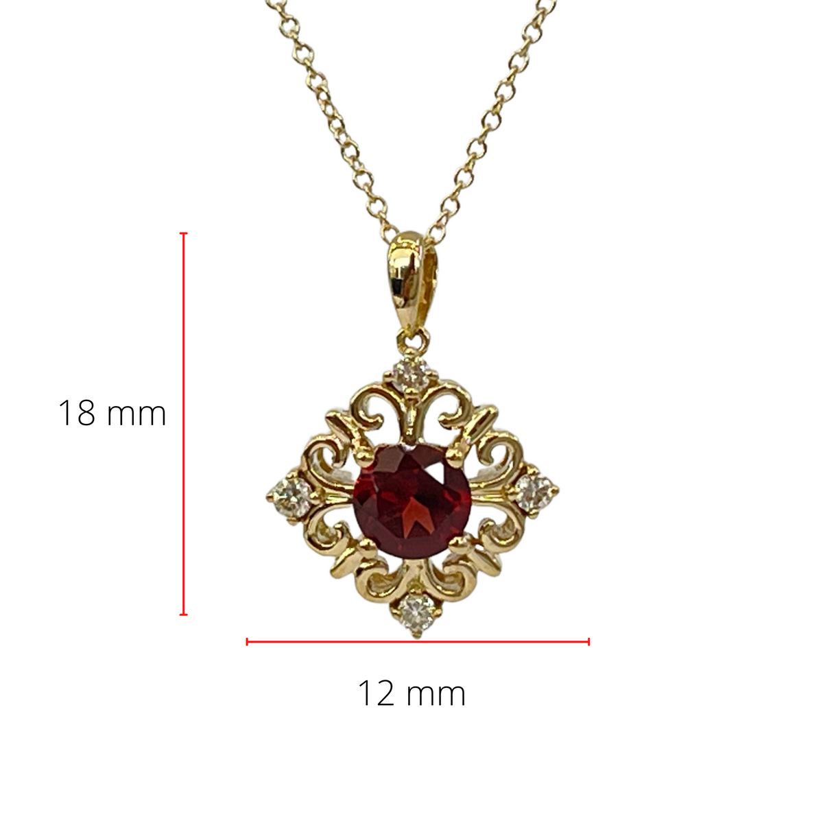 10K Yellow Gold 5mm Round Cut Garnet and 0.09cttw Diamond Pendant - 18 inches